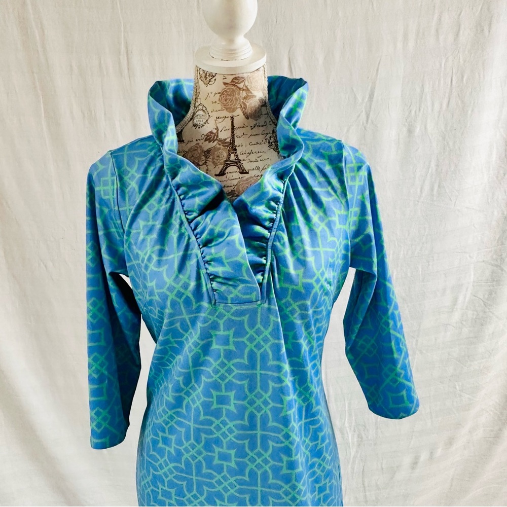 Gretchen Scott Ruffle Neck 3/4 Sleeve Dress Size Large Blue Geo Print